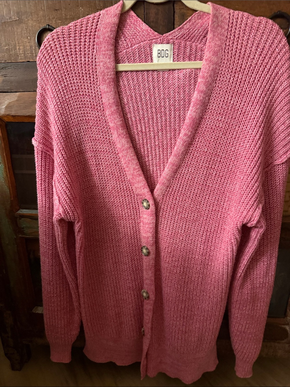 BDG Pink Button-Front Ribbed V-Neck Cardigan
